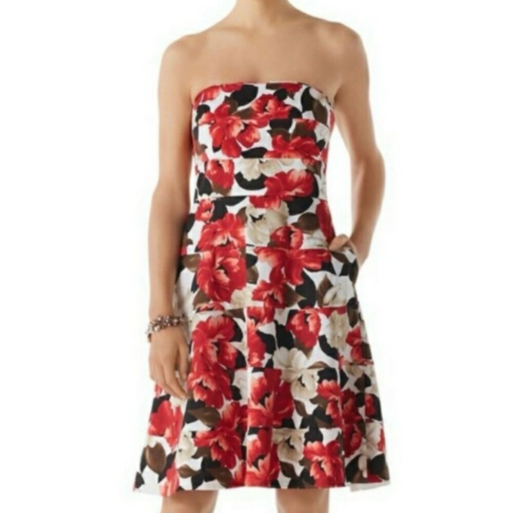 White House Black Market WHBM Strapless Floral Cocktail Dress Red White A Line 8